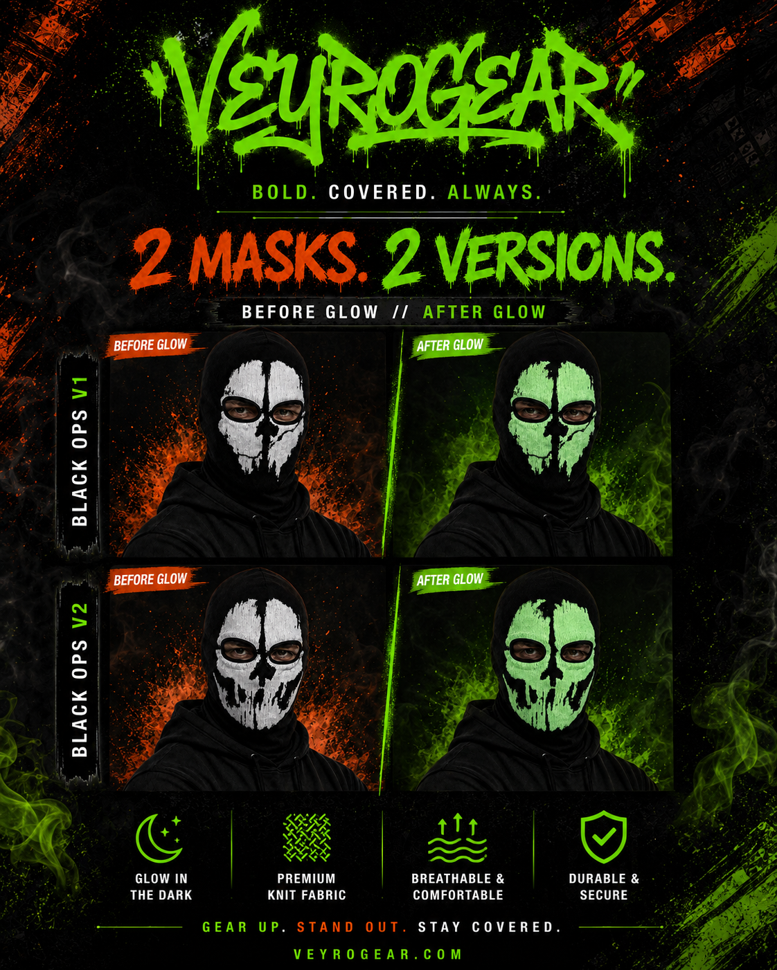 Veyrogear — masked figures in graphic skull balaclavas with the Veyrogear graffiti wordmark. Bold. Covered. Always.
