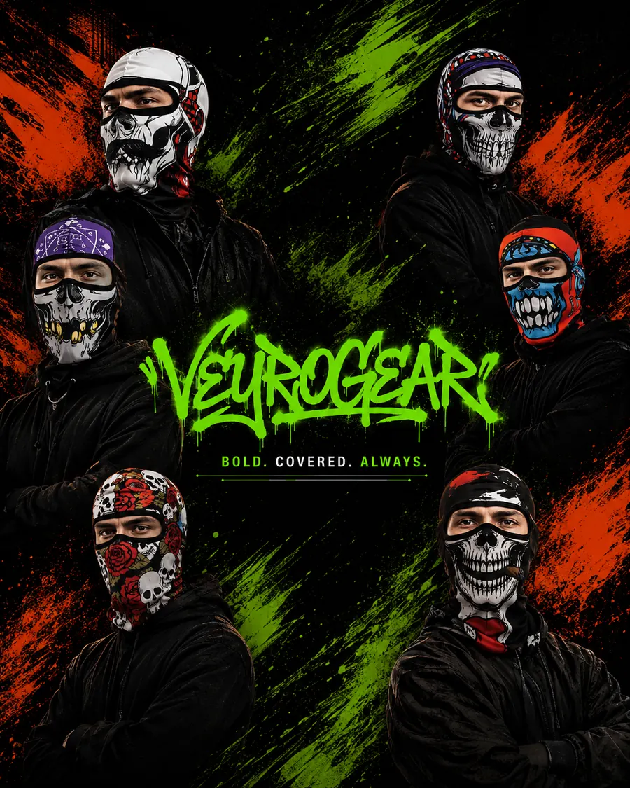 Veyrogear — masked figures in graphic skull balaclavas with the Veyrogear graffiti wordmark. Bold. Covered. Always.