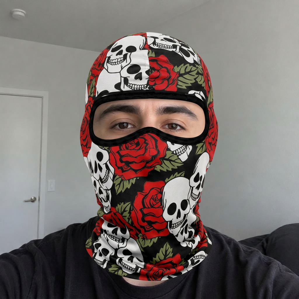 AI preview of the same person wearing the Dead Roses balaclava