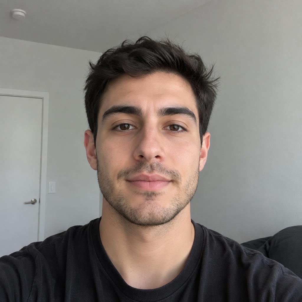 Example selfie: face straight to the camera, good light, plain wall behind